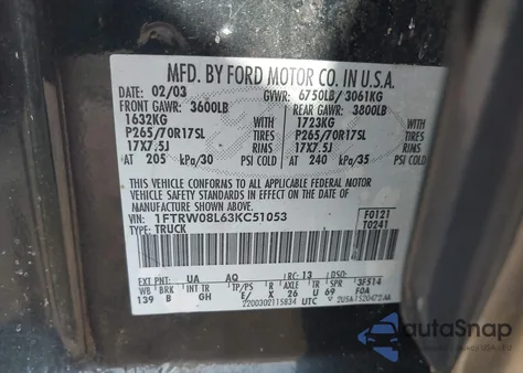 2003 Ford F-150 Lariat/Xlt z USA, uszkodzony, nr VIN 1FTRW08L63KC51053